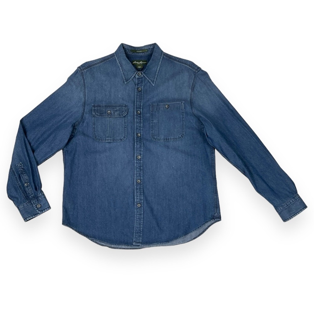 Eddie‎ Bauer Shirt Mens XL Blue Chambray Long Sleeve Button Down Denim Cotton